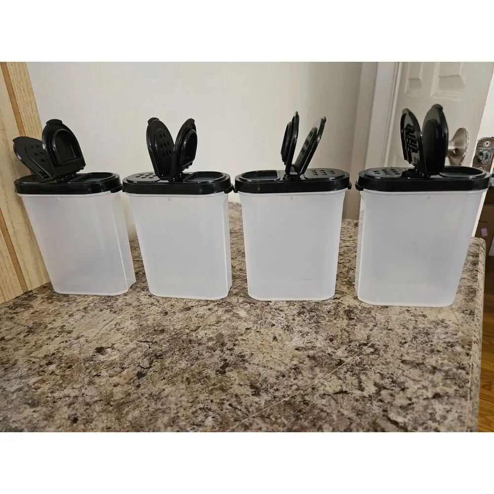 Tupperware Large Spice Shakers Set Of 4 With Black Lids EUC